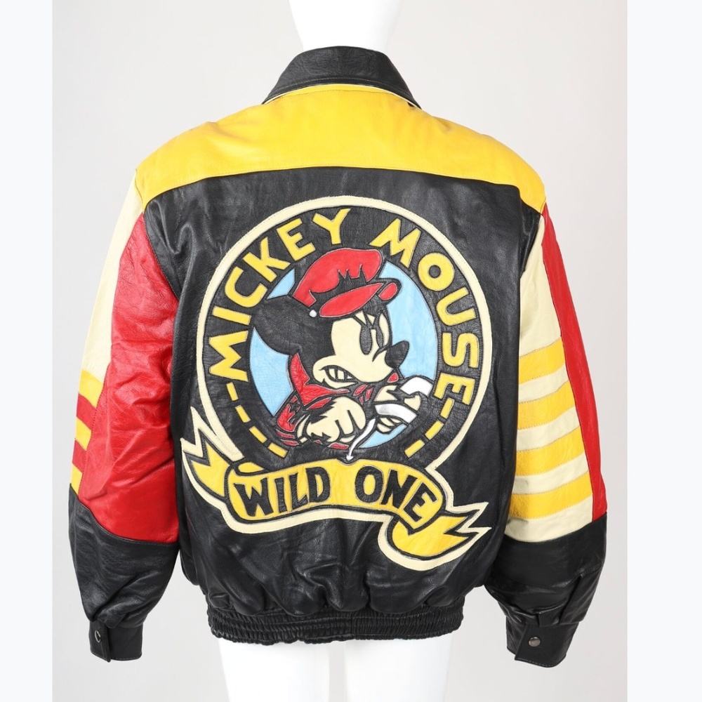 Vntg WILD ONE MICKEY MOUSE Leather Bomber Jacket L